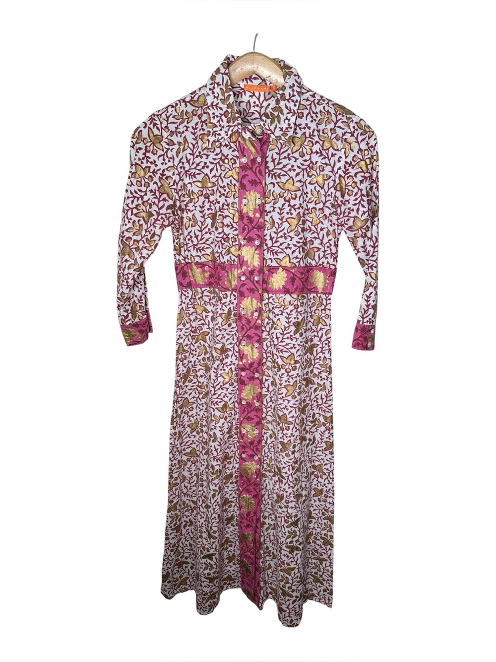 Oliphant Maxi Shirt Dress Marchesa Wine Size Small Gold Burgundy Floral